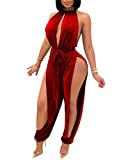 Women's Sleeveless Tie Waist Side Slit Halter Neck Long Harem Pants Jumpsuit Rompers Party Clubwear Outfits Red XX-Large