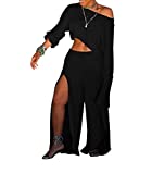 Ophestin Women Casual Solid 2 Piece Outfits Jumpsuits Long Sleeve Crop Top Slit Wide Leg Pants Set Tracksuits Black XXXL