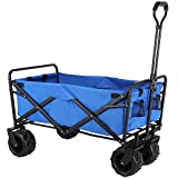 Heavy Duty Collapsible Outdoor Utility Wagon Cart with All-Terrain Wheels, Adjustable Handle and 2 Cup Pockets, Camping, Beach, Sports, Shopping, Blue