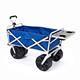 MacSports All Terrain Beach Wagon with Side Table|Heavy Duty Collapsible Folding Cart with Large Wheels for Beach Day, Picnic, Camping, Outdoor Activities | Blue/White