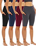 WHOUARE 4 Pack Biker Yoga Shorts with Pockets for Women, High Waisted Tummy Control Workout Shorts,Black,Navy,Dark Gray,Burgundy,L
