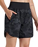 Libin Women's 7" Athletic Running Long Shorts with Liner High Waist Quick Dry Gym Workout Sports Shorts with Zipper Pockets, Camo Black XL