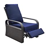 Outdoor Recliner, Outdoor Wicker Recliner Chair with 5.12'' Thickness Cushions, Automatic Adjustable Rattan Patio Chaise Lounge Chairs, Aluminum Frame, UV Proetcted and Rustless (Brown + Navy Blue)