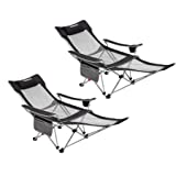 FUNDANGO 2 Pack Reclining Lounge Chair with Footrest, Portable Mesh Folding Chairs, Adjustable Camping Lawn Chair with Headrest Cup Holder Storage Bag for Adult Outdoor Picnics BBQ