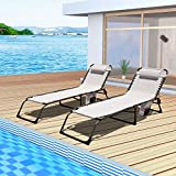 GOLDSUN 2 Pieces Outdoor Chaise Lounge Set with Detachable Pocket and Pillow, Portable Adjustable Patio Sun Lounge Chair Set for Garden,Beach, Sunbathing, Pool, Deck,Camping and Poolside-Beige