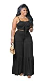 Womens Summer 2 Pieces Outfits Deep V Neck Crop Top Side Slit Drawstring Wide Leg Pants Set Jumpsuits