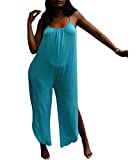 Ophestin Women Solid Spaghetti Strap Sleeveless Loose Fit Side Slit Wide Leg One Piece Jumpsuits Rompers with Pockets Blue S