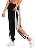 SOLY HUX Women's High Split Side Sporty Striped Joggers Snap Button Track Pants Black Large