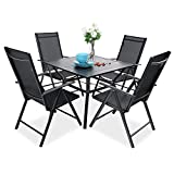 PHI VILLA 5 pcs Patio Dining Set, 4 Outdoor Reclining Folding Sling Chair with Armrest & 1 Square Patio Dining Table with 1.57" Umbrella Hole