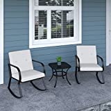 Flamaker Patio Chairs 3 Piece Outdoor Rocking Chairs Upgraded Metal Bistro Set with Thickened Cushions & Coffee Table Modern Patio Furniture for Porch, Balcony and Lawn (Beige)