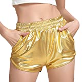 MAKARTHY Women's Metallic Shorts Elastic Waist Shiny Sparkly Rave Pants (Gold, X-Large)