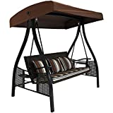 Sunnydaze 3-Seat Deluxe Outdoor Patio Swing with Heavy Duty Steel Frame and Canopy, Brown Stripe Cushions, 600-Pound Weight Capacity