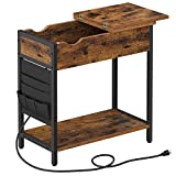 VASAGLE End Table with Charging Station, Side Table with USB Ports and Outlets, Nightstand with Storage, Fabric Bags, for Living Room, Bedroom, Rustic Brown and Black ULET310B01V1