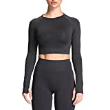 Aoxjox Long Sleeve Crop Tops for Women Vital 1.0 Workout Seamless Crop T Shirt Top (Vital Black Marl, Small)