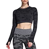 Aoxjox Women's Adapt Camo Seamless Workout Long Sleeve Crop Top Gym Sport Shirts (Black, Small)