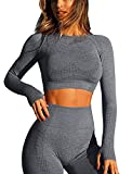 Stylishine Women Seamless Long Sleeve Bodycon Crop Tops Stretch Yoga Athletic Shirts Control Workout Gym Grey