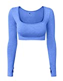 HYZ Women's Sports Yoga Gym Stretch Bodycon Crop Top Compression Workout Athletic Long Sleeve Shirt Blue