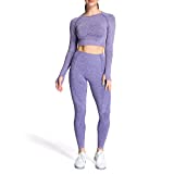 Aoxjox Yoga Outfit for Women Seamless 2 Piece Vital Workout Gym High Waist Leggings with Long Sleeve Crop Top Set (Indigo Marl, Medium)