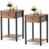 Ecoprsio Nightstand Set of 2 Industrial End Table Side Table with Drawer and Storage Shelf Wood Night Stand Rustic Bedside Table for Bedroom, Living Room, Sofa Couch, Hall, Easy Assembly