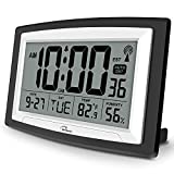 WallarGe Atomic Clock with Indoor Temperature and Humidity,Self-Setting Digital Wall Clock or Desk Clock,Battery Operated Alarm Days Digital Clock Large Display for Seniors,Auto DST.