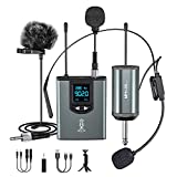 Microphone System Headset Mic/Stand Mic/Lavalier Lapel Mic with Rechargeable Bodypack Transmitter & Receiver 1/4" Output for iPhone, PA Speaker, DSLR Camera, Recording, Teaching