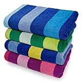 Kaufman Luxurious, Plush ,4 Pack 100% Combed Ring Spun Yarn dye Cotton Velour Oversized 32x62 Highly Absorbent, Quick Dry, Colorful Tonal Rugby Striped Beach, Pool and Bath Towel.
