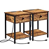 SUPERJARE Nightstand Set of 2, End Table with Charging Station, Side Table with Drawer and Shelf, Industrial Wooden Bed Side Table, for Bedroom, Living Room - Rustic Brown