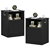 EPHEX Set of 2 End Table with USB Ports & Power Outlets, Black Nightstand with Charging Station, Side Table with Storage Cabinet for Home Office