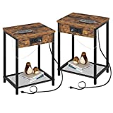 Seventable End Table Set of 2 with Charging Station & USB Ports, Narrow Side Table for Living Room, Nightstand with Storage Shelf 2-Tier Sofa Table for Bedroom Rustic Brown 2 Pack