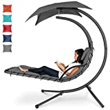 Best Choice Products Outdoor Hanging Curved Steel Chaise Lounge Chair Swing w/Built-in Pillow and Removable Canopy - Charcoal Gray