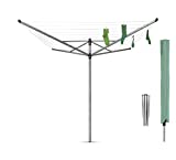 Brabantia Lift-O-Matic Outdoor 4 Arm Clothesline (197 ft/ 1.8") Height Adjustable, Folding Clothes Drying Rack + Ground Spike & Cover (Gray)