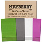 Extra Long (36 Inches) Exfoliating Bath Cloth/Towel (4 Pack) Gray, White, Green, and Lavender Nylon Bath Cloth/Towel, Stitching on All Sides for Added Durability