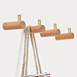 Homode Wall Hooks, Modern Coat Hooks Wall Mounted, 2 Pack Gold Brass Wall Hangers, Decorative Wood Peg Hooks for Hanging Coats, Hats, Keys, Plants, Purse, Bags, Leashes, Natural Beech