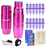 Mast Tour Tattoo Pen Kit Wireless Battery Power Supply Gun Machine 40Pcs Cartridge Tattoo Needles (Pink)