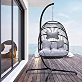 Indoor Outdoor Patio Wicker Hanging Chair Swing Hammock Egg Chairs UV Resistant Cushions 350lbs Capaticy for Patio Bedroom Balcony (Grey)