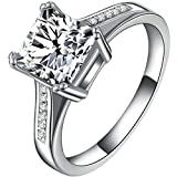 Stainless Steel 4 Carat Princess Cut Wedding Engagement Halo Bridal Proposal Ring (Silver, 5.5)