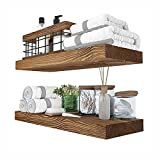 BAOBAB WORKSHOP Floating Wood Shelves Set of 2 - Rustic Shelf 16 inch - Handcrafted in Europe - Wide Wooden Wall Shelves for Living Room Bedroom Kitchen Bathroom Farmhouse - Walnut Color - 16" x 6.7"