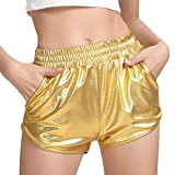 PESION Women's Gold Metallic Shorts Shiny Pants Hot Yoga Outfit, Gold Medium