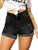 Haola Womens Stretchy Denim Shorts High Waisted Folded Hem Ripped Jeans Shorts 2 Black S