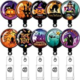 Crtiin 10 Pieces Badge Reel for Halloween Retractable Badge Holder with Alligator Clip Pumpkin Witch Skeleton Pattern ID Badge Reel for Nurse Office Daily