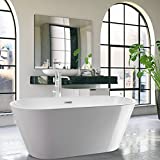 Vanity Art 59" X 29.5" Non-Slip White Acrylic Freestanding Bathtub Modern Stand Alone Soaking Tub with Chrome Overflow and Pop-up Drain, UPC Certified VA6815-NSW