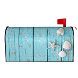 Duduho Summer Seashell Beach Starfish Mailbox Cover Magnetic Turquoise Wooden Background Mailbox Wraps Post Box Cover Dcor 21x18 in