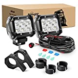 Nilight ZH060 2PCS 4 Inch 18W Flood LED Light Mounting Bracket Horizontal Bar Tube Clamp with Off Road Wiring Harness-2 Leads, 2 Years Warranty