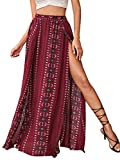 Romwe Women's Boho Tribal Print Skirt High Split Beach Cover Long Maxi Skirts Burgundy S