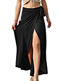 Women's Boho Solid & Floral High Waisted Long Skirt Summer Beach Maxi Wrap Skirts with Slit Black S