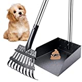 TNELTUEB Dog Pooper Scooper, Metal Pet Poop Tray and Rake with Long Stainless Handle Best Bin with Rake for Large Dog