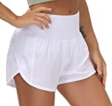 THE GYM PEOPLE Womens High Waisted Running Shorts Quick Dry Athletic Workout Shorts with Mesh Liner Zipper Pockets (White, Small)