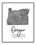 Oregon State Map Wall Art Print - 8x10 Silhouette Decor Print with Coordinates. Makes a Great Oregon-Themed Gift. Shades of Grey, Black & White.