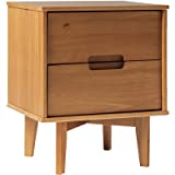 Walker Edison Mid Century Modern Grooved Handle Wood Nightstand Side Table Bedroom Storage Drawer and Shelf Bedside End Table, 2 Drawer, Caramel