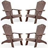 Psilvam Adirondack Chair, Oversized Poly Lumber Fire Pit Chair with Cup Holder, 350Lbs Support Patio Chairs for Garden, Weather Resistant Adirondack Chair Looks Like Real Wood (4, Brown)